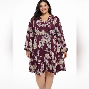 Maurices Long Sleeve Floral Dress Burgundy White Women’s Size 2X